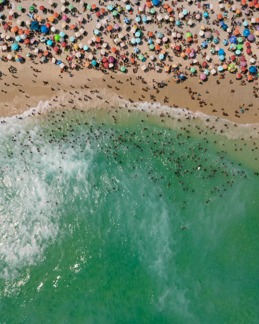 aerial view of colorful beach umbrellas in rio